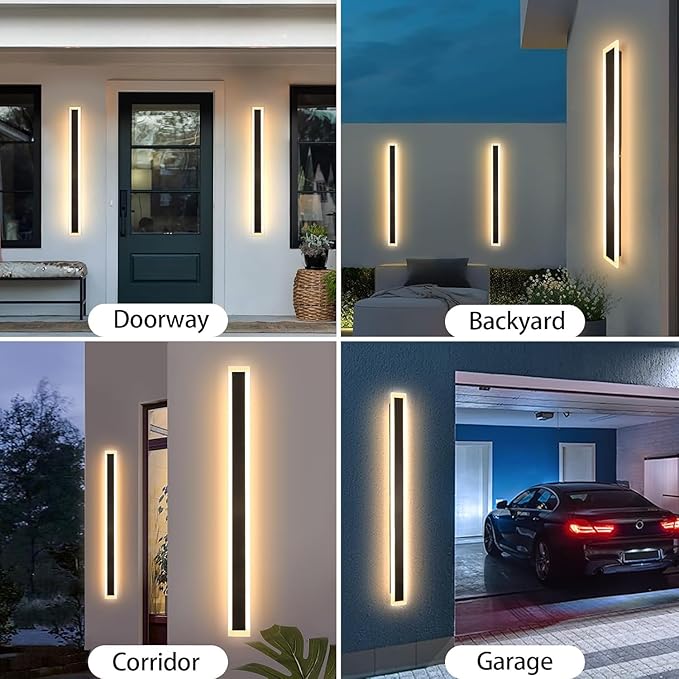 2 Pack 39.4In Outdoor Wall Sconce Black Modern Wall Light Exterior Fixtures for House Dimmable Acrylic Linear Outside Wall Light for Doorway Stairway Garage Patio