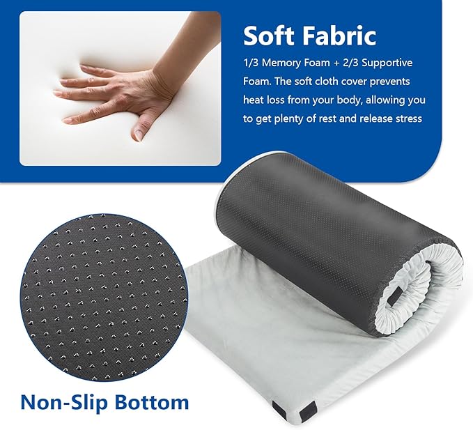 VINGLI 3 Memory Foam Sleeping Pad Camping Mattress Portable Floor Mattress Sleeping Mat Bed Roll Up for Guests Adult with Pillow &amp Phone Pocket (Grey Basic 75 * 25 * 3)