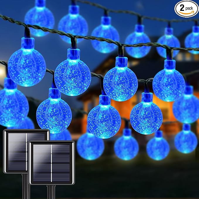 Blue 2-Pack 100 LED 64FT Crystal Globe Solar Christmas Lights Outdoor Waterproof Solar String Lights with 8 Lighting Modes Solar Outdoor Decorations for Tree Garden Patio Party Wedding Christmas