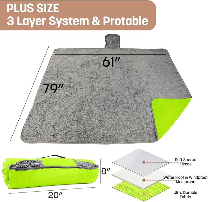 Tirrinia Waterproof Outdoor Blanket with Sherpa Lining Windproof Triple Layers Warm Comfy Foldable for Camping Stadium Beach Picnic Grass Concerts Car Dog 51''X 59'' &amp 59''X 80''