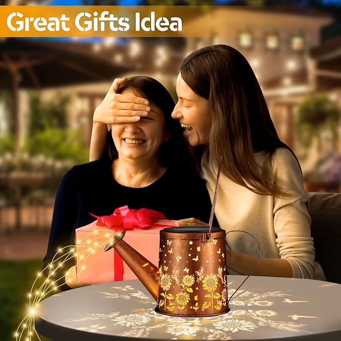 Outdoor Hanging Solar Lantern Waterproof Set Outside Metal Sunflower &amp Butterfly watering can Landscape Lights for Garden Yard Patio Pathway Decor Birthday Gifts for Women Mom Grandma -With Floor