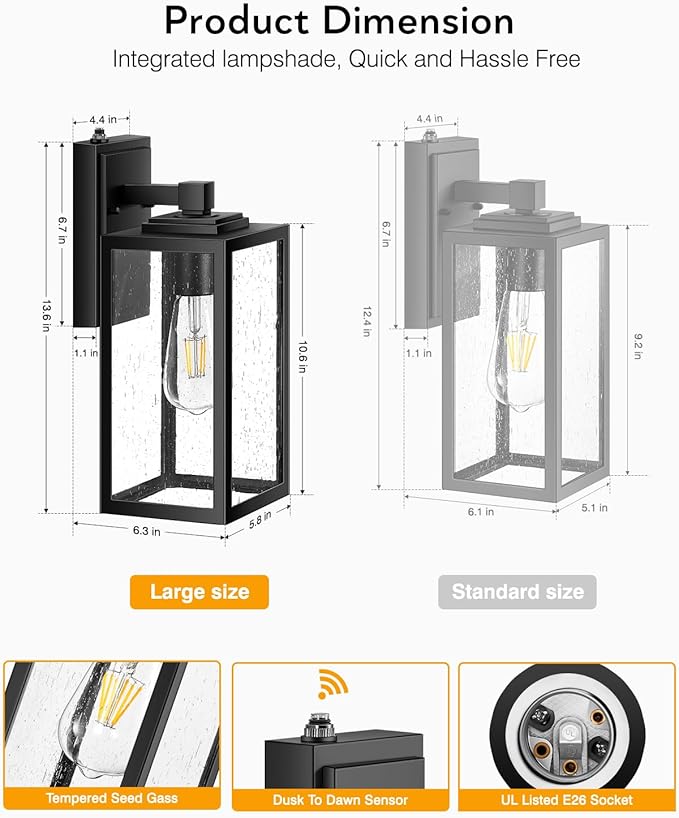 VIANIS Large 2 Pack Outdoor Wall Lights Dusk to Dawn Black Exterior Garage Lighting Fixture Wall Mount Sconces Modern Front Porch Lanterns Outside Lights for House Waterproof Coach Lights Outdoor