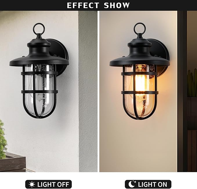 2 Pack Outdoor Wall Mount Outside Wall Sconce Lighting Fixture with Seeded Glass Sand Black Waterproof Exterior Light for Porch DoorwayHallway Garage YardPatio