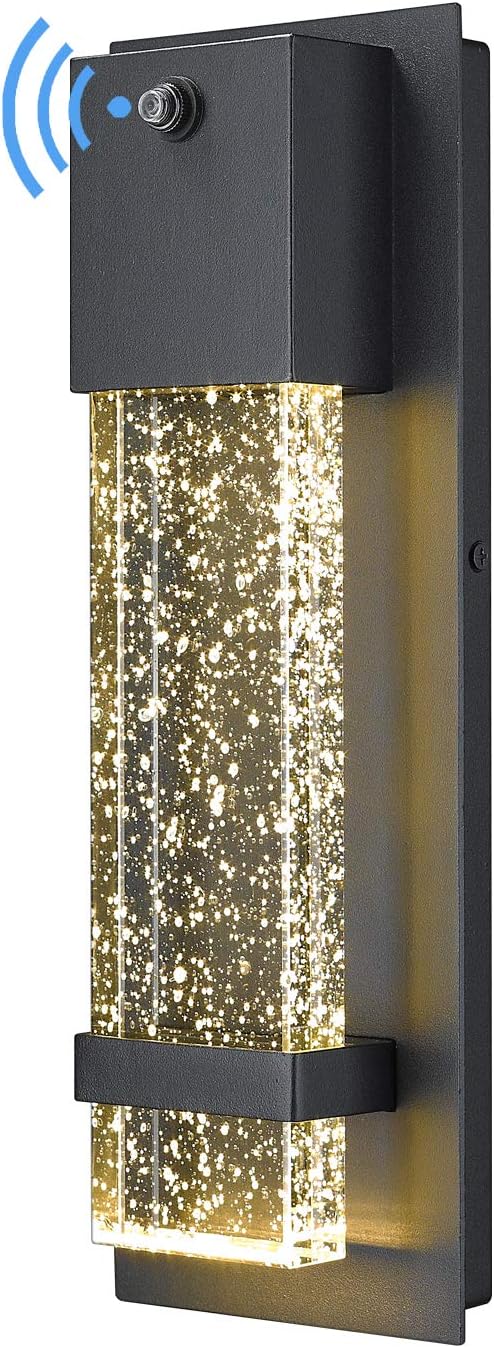 HWH INVESTMENT Dusk to Dawn Sensor Outdoor Wall Lamp Modern LED Exterior Wall Sconce Lantern Black Finish with Crystal Bubble Glass 5HW9-B-P BK