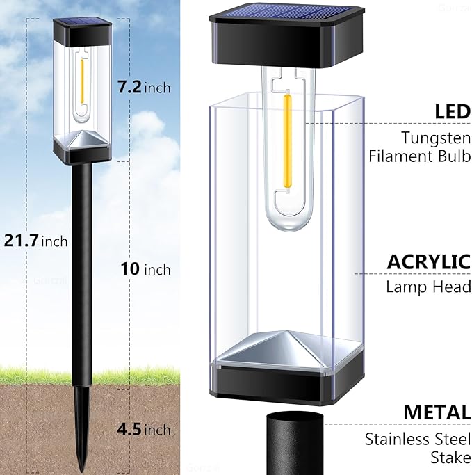 Bright Solar Pathway Lights Outdoor 8 Pack Solar Lights Outdoor LED Waterproof with 3000K Tungsten Filament Bulb Landscape Lighting for Yard Driveway Garden Walkway Lawn Path