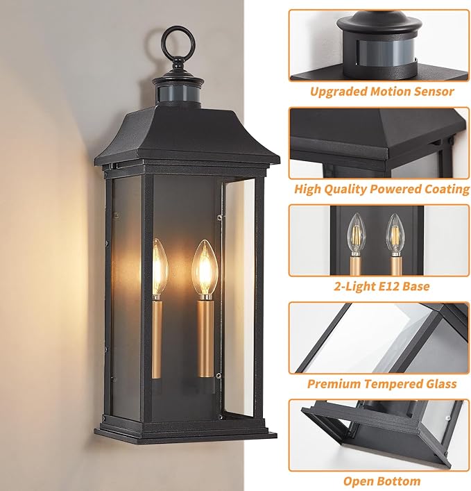 Dusk to Dawn Motion Sensor Outdoor Wall Lantern 2-Light21.1 Large Exterior Wall Sconce LightingModern Black Wall Light Fixture with Glass Waterproof Exterior Lamp for Patio House Porch Garage