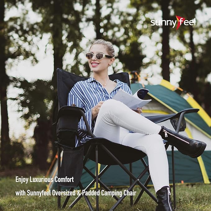 SUNNYFEEL Folding Oversized Camping Chair Padded Portable Lawn Chairs for Adults Heavy Duty 300 LBS Folding Camp Quad Chair High Back with Cup HolderArmrest for PicnicBeachSports