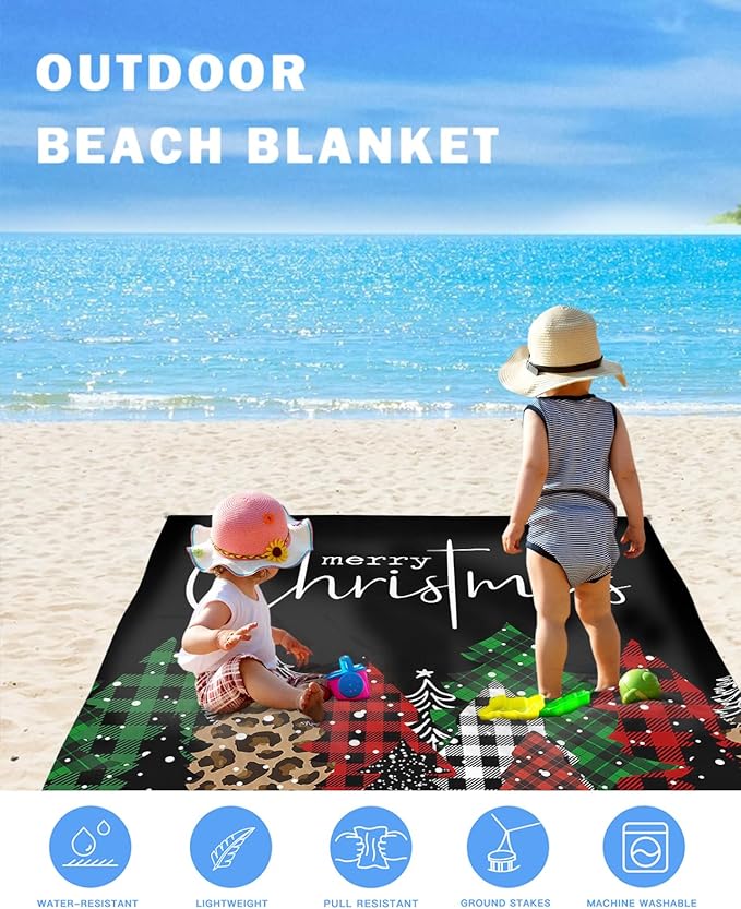 Beach Blanket Waterproof Sandproof OversizedMerry Christmas Leopard Xmas Tree Beach Mat with Corner Stakes Sand PocketsRed Black Buffalo Plaid Outdoor Picnic Mat for Travel Camping Hiking 95x80In