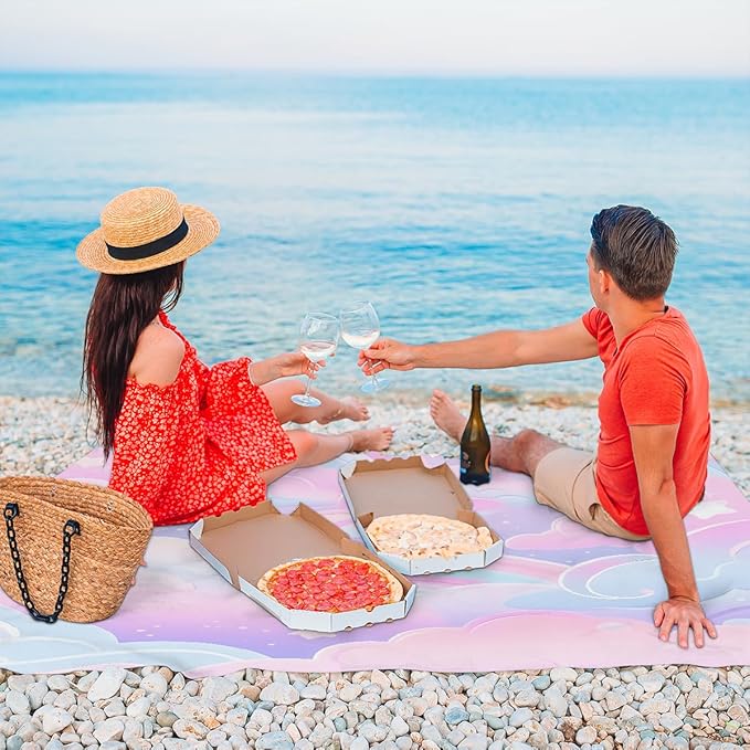 Waterproof Sandproof Beach Blanket 59''×68'' Starry Night Polyester Outdoor Picnic Blanket with 4 Stakes &amp Storage Bag for BeachCampingVacation Pale Pink