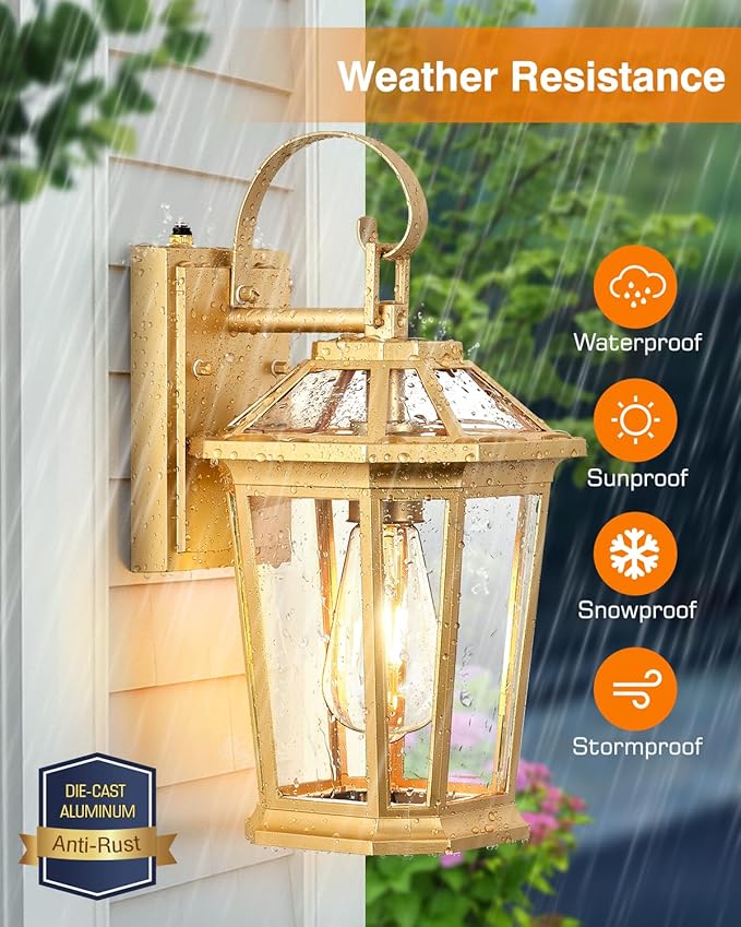 VIANIS Outdoor Porch Lights Wall Mount Dusk to Dawn Exterior Light Fixture for House 100% Anti-Rust Aluminum Waterproof Porch Light Outside Wall Lights Gold Wall Sconce Lanterns for Garage