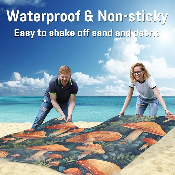 Waterproof Sandproof Beach Blanket 59''×68'' Vegetables Polyester Outdoor Picnic Blanket with 4 Stakes &amp Storage Bag for BeachCampingVacation Umbrella Mushrooms