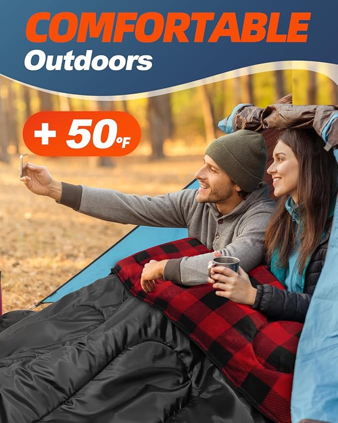 MEREZA Flannel Double Sleeping Bag for Adults Cold Weather XL Queen Size Sleeping Bag for All Season 2 Person Big and Tall Sleeping Bags for Camping 0 Degree with Pillow