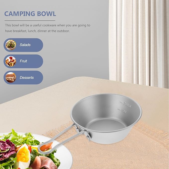 VICASKY Portable Titanium Camp Bowl with Folding Handle Lightweight Outdoor Salad and Fruit Dish Bowl for Hiking Backpacking Travel and Picnic Use