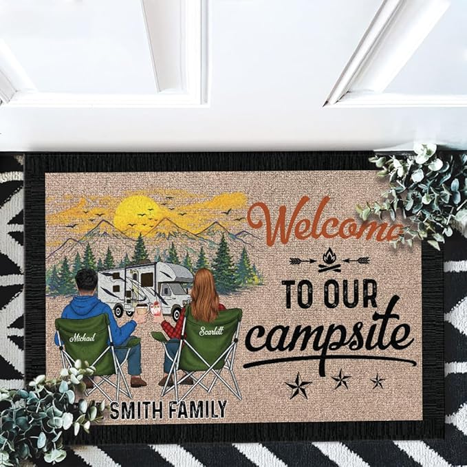 Personalized Camping Entry Doormat with Custom Family Name – “Life is Better When You’re Camping” RV Floor Mat for Trailer Cabin or Motorhome Doorway – Gift Idea for Outdoor Travel Lovers