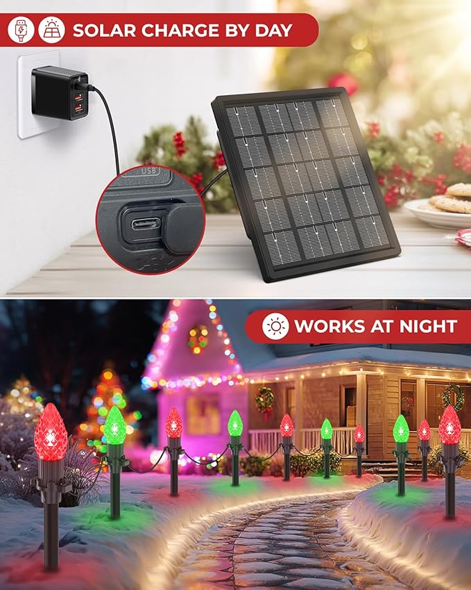 FREECUBE 50FT C9 LED Solar Christmas Pathway Lights Outdoor 25 Multicolor Bulbs with 8 Modes &amp Timer Waterproof Solar Christmas Stake Lights for Yard Lawn Sidewalk Driveway Outdoor Decorations