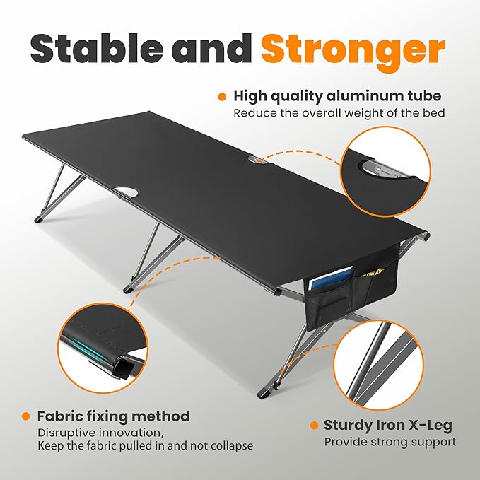 Oversized Camping Cot Foldable for Adults - Upgraded Version Easy-to-Assemble Sleeping Cots for Outdoor Supports Campers up to 6.9ft or 450lbs with Storage Bag 82” L x 32” W (Black)