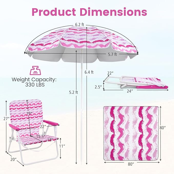 GYMAX Beach Chair with Umbrella Set of 4 Including 2 Folding Chairs Blanket Adjustable Parasol &amp Carry Bag Camping Chairs with Sunshade for Beach Patio Poolside Deck Lawn Picnic