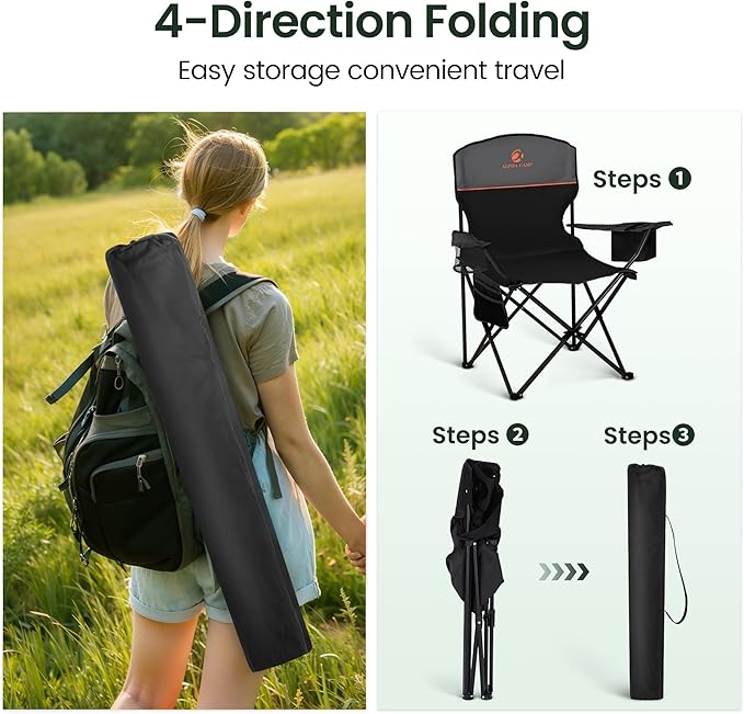 HIGH POINT SPORTS 2 Pack Portable Camping Chair for Adults Folding Outdoor Camp Chair Lightweight Lawn Chairs Folding Collapsible Chair for Camping Tailgates Beach Black Support 250 lbs