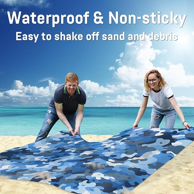 Waterproof Sandproof Beach Blanket 59''×68'' Camouflage Polyester Outdoor Picnic Blanket with 4 Stakes &amp Storage Bag for BeachCampingVacation Blue