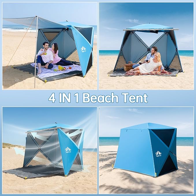 Night Cat Pop-up Beach Tent: 3 4 Persons Beach Shelter with Canopy and Footprint UPF 50+ UV Protection Backyard Camping Outdoor Canopy Poles Not Included