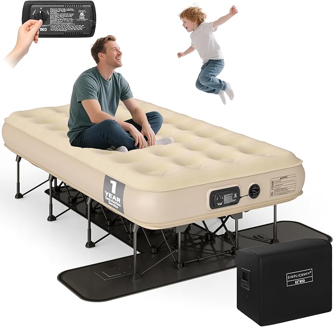 Simpli Comfy EZ Bed Twin Self-Inflating Air Mattress with Built-in Frame Pump and Wheeled Case Blow Up Inflatable Air Bed Perfect for Home Guests Travel Vacation Camping