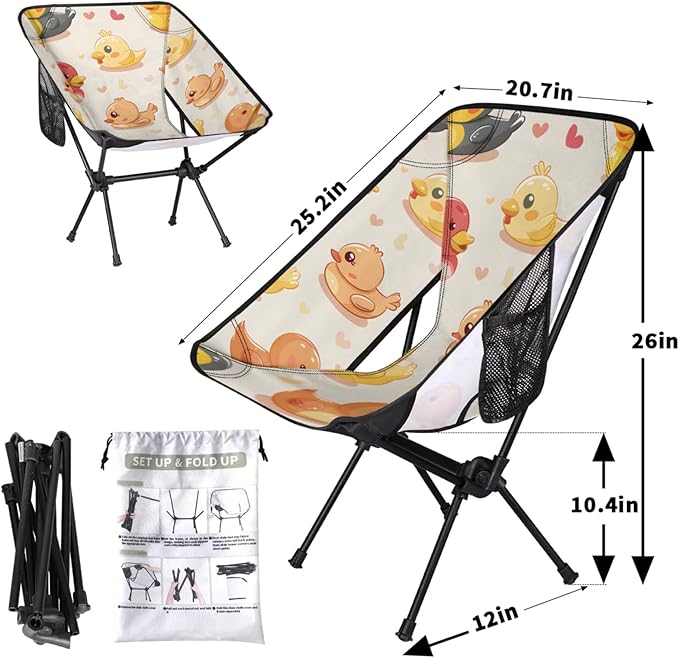 Honeybaby Folding Camping Chair Cute Duck Print Camping Chairs Lightweight Portable Chair Outdoor Foldable Chairs for Camping Travel Picnic Beach Hiking