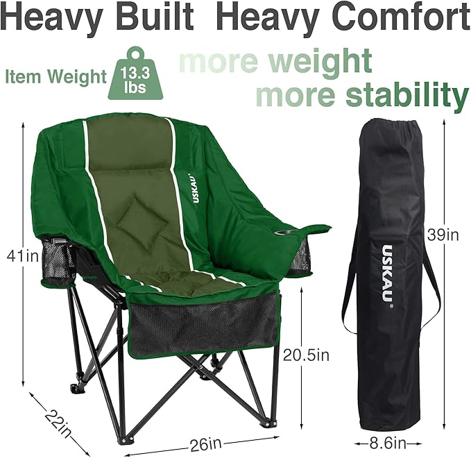 Oversized Camping Chair for Adults - Heavy Duty 400 lbs Padded Folding Chair with Wine Glass Holder 2 Cup Holders &amp Side Pockets Portable Carry Bag for RV Tailgating Lawn
