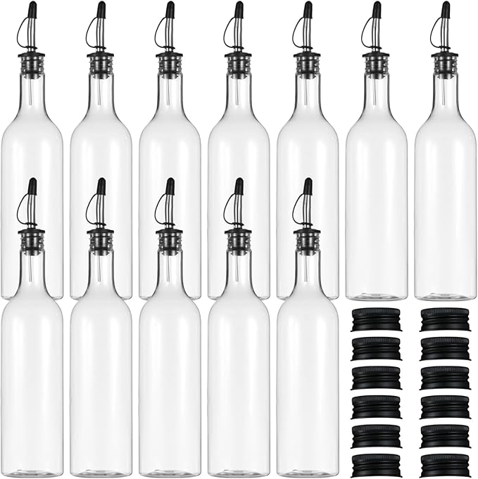 Lnrueg 12 Pcs 25 oz Plastic Liquor Bottles with Aluminum Lids and Stainless Steel Pourer - Clear Plastic Wine Bottle PET Long Neck Refillable Bar Bottles for Home Bar Beverages