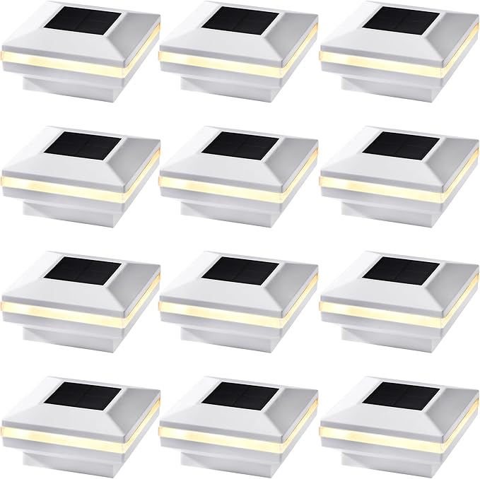 Dynaming 12 Pack Solar Post Lights Outdoor Solar Powered Decorative Post Cap Light White Shell &amp Warm White LED Lighting for Fence Deck Patio Only Fit 3.5x3.5 Wooden Posts
