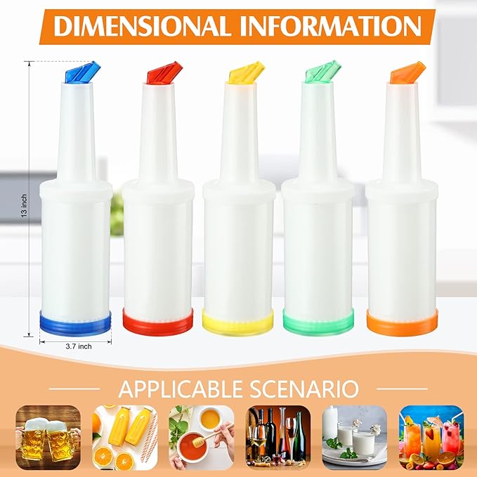 CHENGU 6 Pcs Bar Pour Colorful Juice Pouring Bottle Containers 34 oz Plastic Juice Dispensers for Bar Home Party Kitchen Supplies (WhiteOrangeRedYellowBlueGreen)