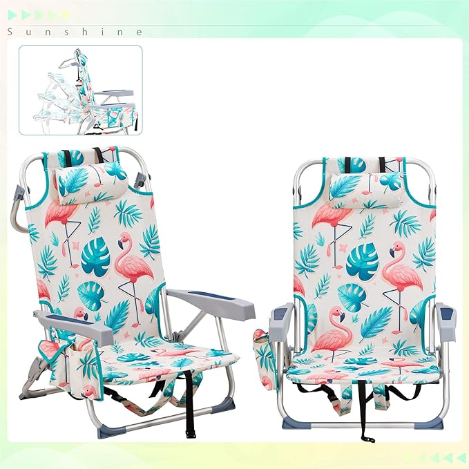 Backpack Beach Chairs for AdultsFolding Heavy Duty Camping Chair with Large Pockets and Cup HolderBeach Lounge Chairs with Towel Rack for OutdoorTravel (Flamingo)