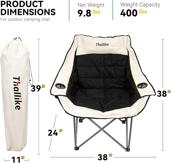Oversized Camping Chair Portable Folding Padded Camping Chairs with Cup Holder and Carry Bag Heavy Duty Outdoor Camping Chairs for Adults Up to 400Lb for Fishing (Black-2 Pack)