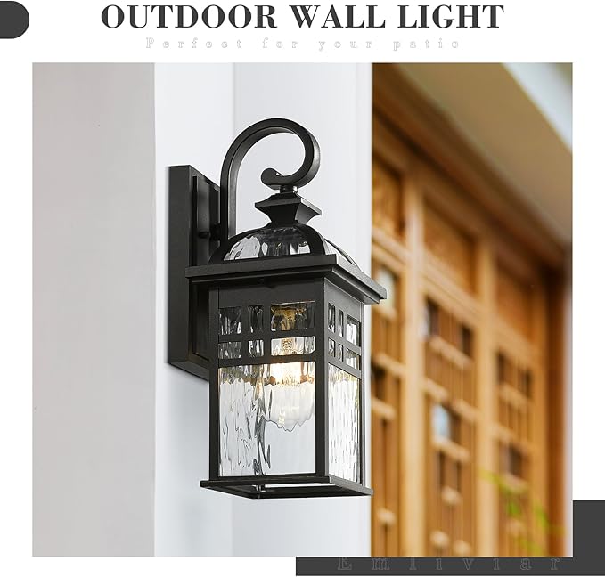 Emliviar 2 Pack Outdoor Wall Lanterns 15 Modern Wall Mount Lamps for House Black Finish with Water Ripple Glass DE281B-2PK BK-WP