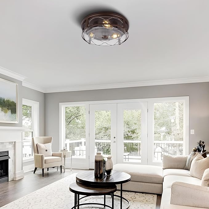 16 Inch Large Flush Mount Ceiling Light with Seeded Glass 3-Light Bronze Round Ceiling Lamp Modern Farmhouse Indoor Outdoor Ceiling Lighting for Kitchen Bedroom Living Dining Room