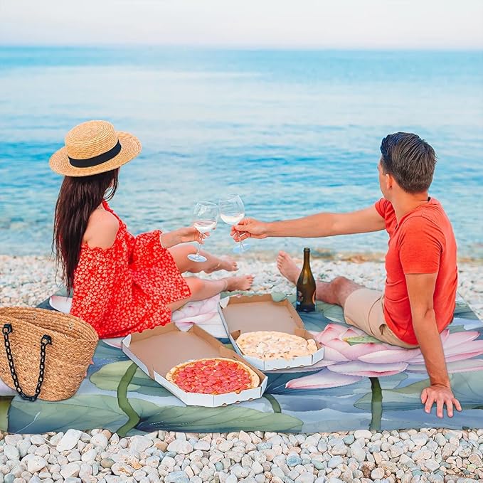 Lotus Flowers Leaf Lightweight Beach Blanket Waterproof Sandproof 59X68 Sand Free Beach Mat with 4 Stakes Compact Outdoor Blanket for Beach Quick Drying Picnic Mat for Travel Camping