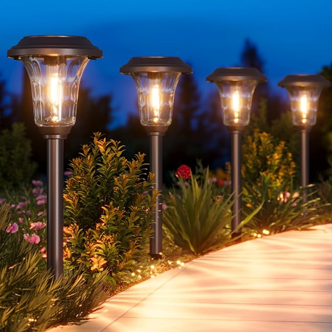 XMCOSY+ Solar Pathway Lights 4 Pack Metal Solar Lights Outdoor Waterproof 20/40LM Bright Solar Powered Garden Light for Yard Backyard Landscape Path Driveway Walkway Outside (Warm/Cool White)