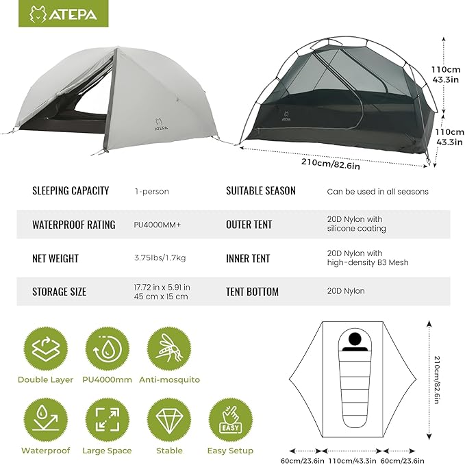 ATEPA Voyage 1-2 Person Backpacking Tent 4 Season Ultralight Camping Tent 4000mm Waterproof Double Layer Cold Wearther Easy Set Up Tent for Family Camp Hiking Hunting Outdoor Mountaineering Travel