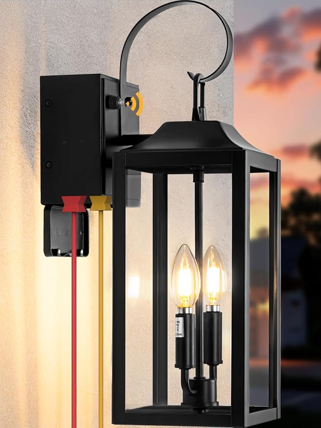 Large Porch Lights with GFCI Outlet 19 Black Dusk to Dawn Outdoor Wall Lantern 2-Light Exterior Lighting Fixtures with GFCI Outlet Built-in Waterproof Outdoor Wall Sconce for House Front Door