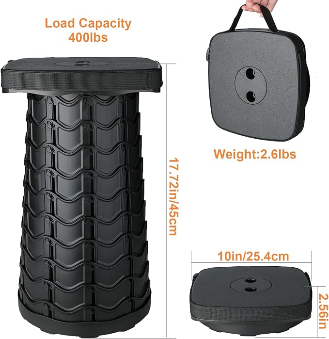 Boreeman Upgraded Collapsible Stool Square Portable Stool Lightweight Yet More Sturdy with Load Capacity 400lbs Perfect for Camping Fishing Hiking BBQ (1 2-Pack Black)