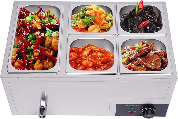 110V 5-Pan Commercial Food Warmer 600W Electric Steam Table 15cm/6inch Deep Professional Stainless Steel Buffet Bain Marie with Temperature Control for Catering and Restaurants (5-Pan)