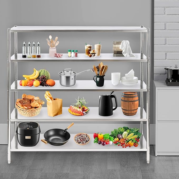 Stainless Steel Shelving 5 Tier Utility Bakers Racks Adjustable Shelf Storage Heavy Duty Shelving for Kitchen Commercial Office Garage Storage Laundry Room Organization (5-Tier 70*17*70in)