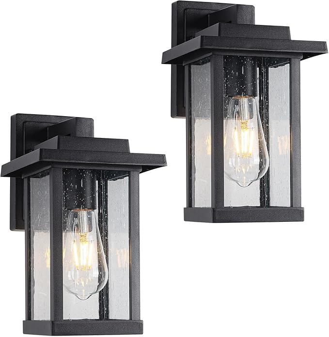 Black Exterior Light Fixtures 2 Pack Farmhouse Outdoor Wall Sconce Modern Front Porch Light with Seeded Glass for House Patio Garage Entrace