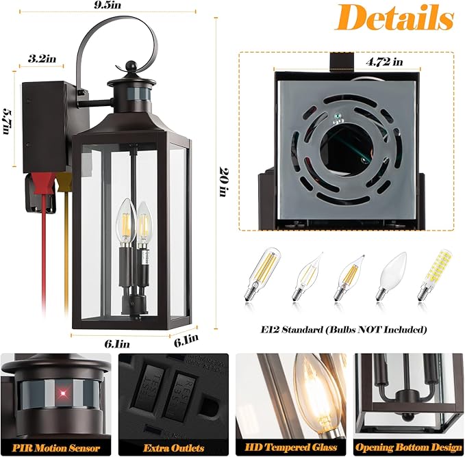 Porch Lights with GFCI Outlet 20 Brown Dusk to Dawn Motion Sensor Outdoor Lights Exterior Lighting Fixtures with GFCI Outlet Built-in Waterproof Bronze Outdoor Wall Sconce for House Patio