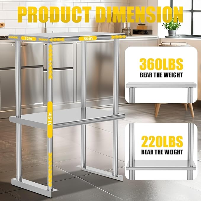 Double Overshelf 2 Tier Stainless Steel Shelf 12 x 36 Inch Weight Capacity 330lb for Prep Work Table in Restaurant Home and Kitchen