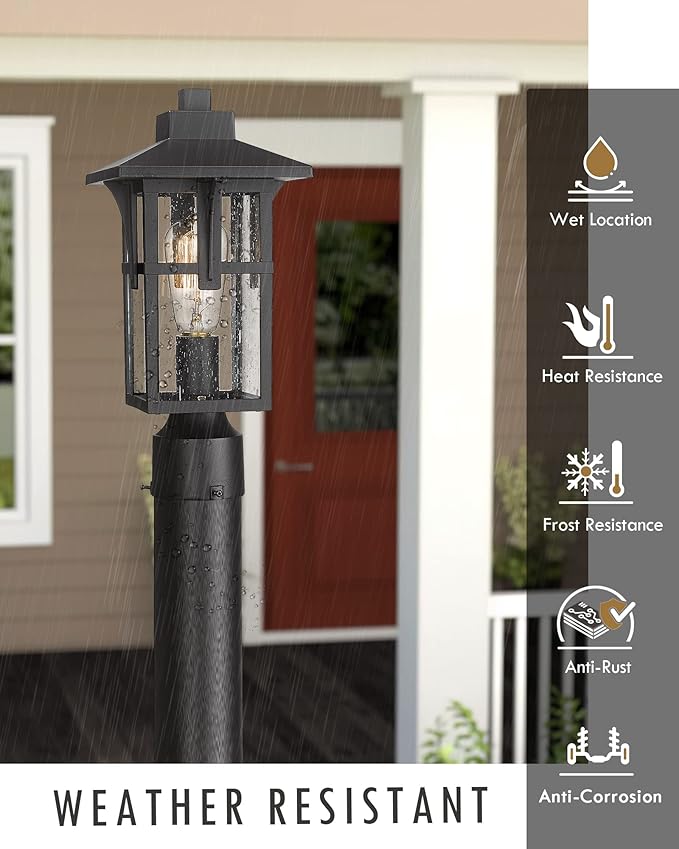 Outdoor Post Light Fixtures HWH Exterior Pillar Light 2 Pack Industrial Pole Lamp in Matte Black Finish with Seeded Glass 5HX62P-2PK BK
