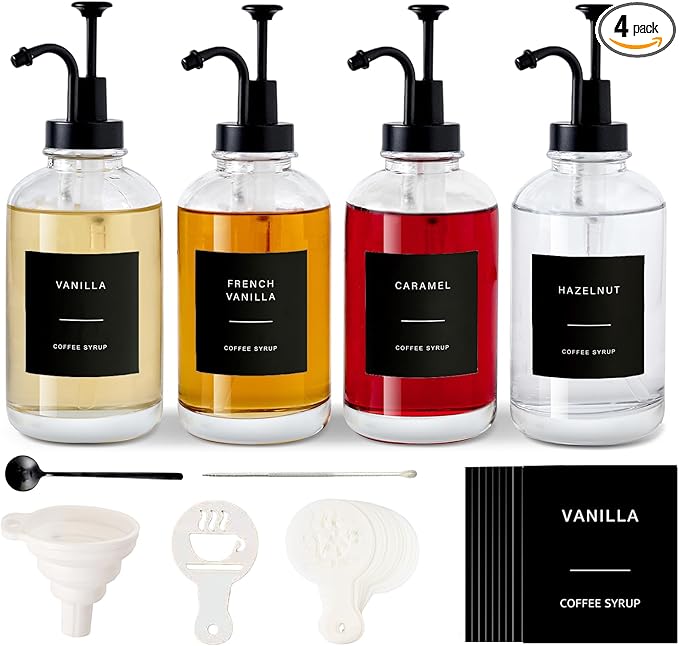 Coffee Syrup Dispenser for Bar Glass Syrup Bottle with Pump Coffee Pump Dispenser Bottle with Tray Spoon for Station16.9 oz Black 500 ml