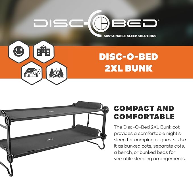 Disc-O-Bed 2XL Outdoor Convertible 2 Person Bench and Double Camping Cot Portable Bed Bunk System for Adults Black