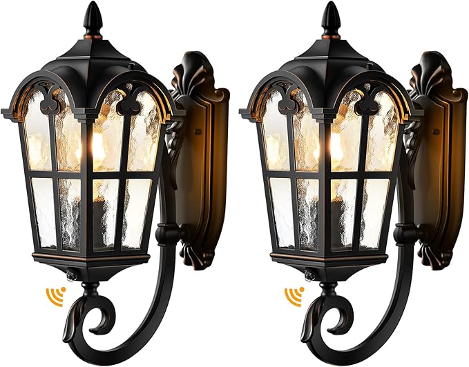 VIANIS 2 Pack Outside Lights for House Dusk to Dawn Black Exterior Light Fixture Wall Mount Anti-Rust Modern Outdoor Sconce Lantern with Rippled Glass for Front Porch Garage Hardwired Non-Solar