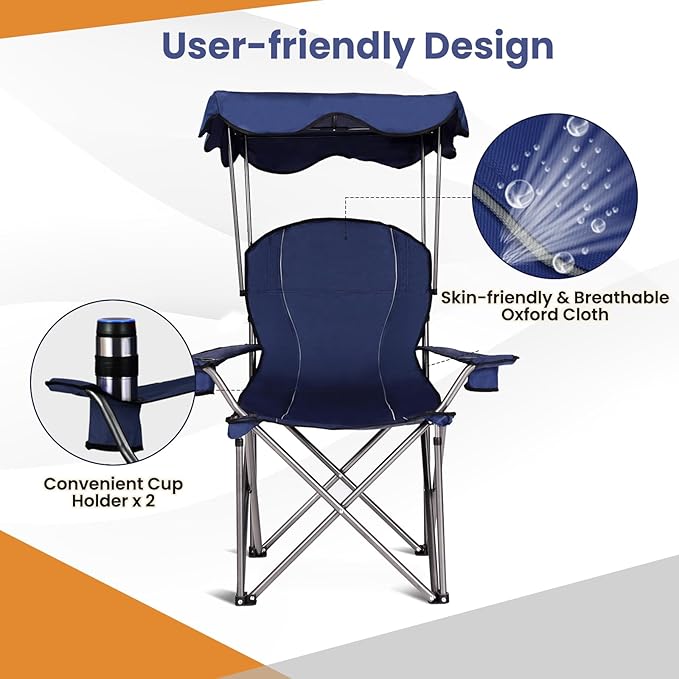 KOTEK Camping Chair with Canopy Portable Canopy Chair with Shade Cup Holder &amp Carry Bag Outdoor Folding Chairs for Sports Events Fishing Beach Picnic Hiking Travel (Blue)