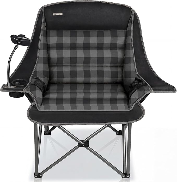 Oversized Camping Chairs for Adults- Heavy Duty Extra Large Lawn ChairFolding Comfy Padded Camp Chair for Outdoor Sports Garden Beach FishingWide&ampThickBlack Plaid